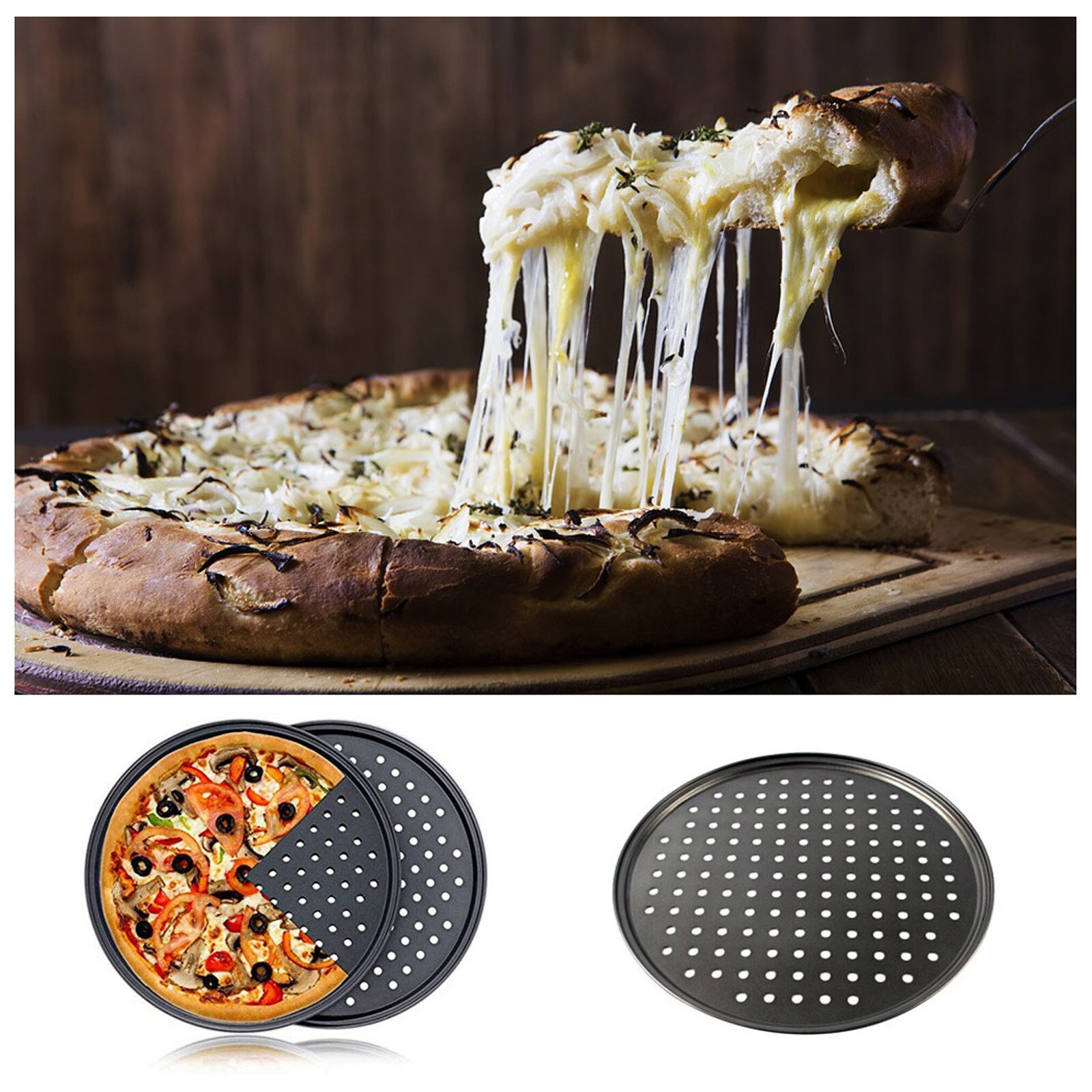 32cm non-stick baking tool round carbon steel punching pizza mold baking tray (12 inch) pizza pan non-stick coating#40