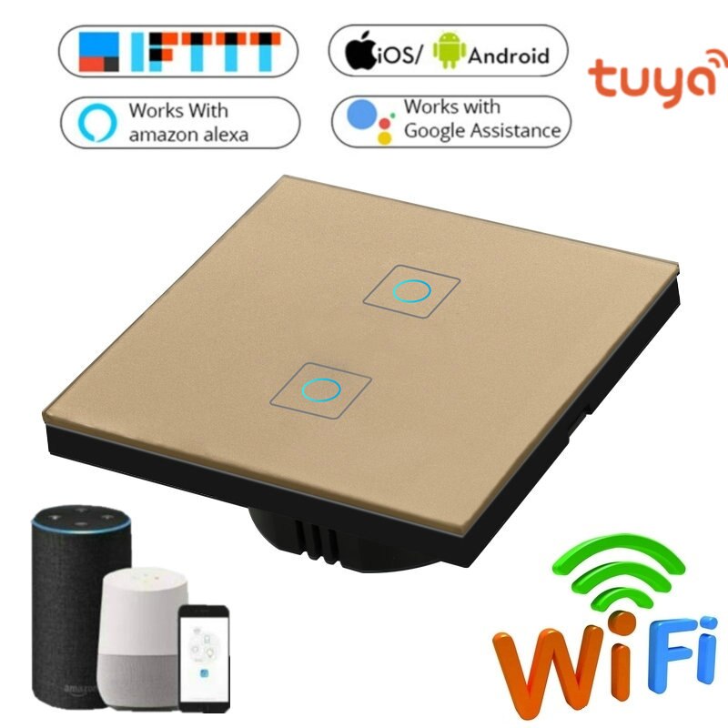 1/2/3 Gang Wireless Wifi Smart Wall Switch Tempered Glass Light Switch APP Control Voice Control Work For Alexa Google Home: tuya 2 gang gold