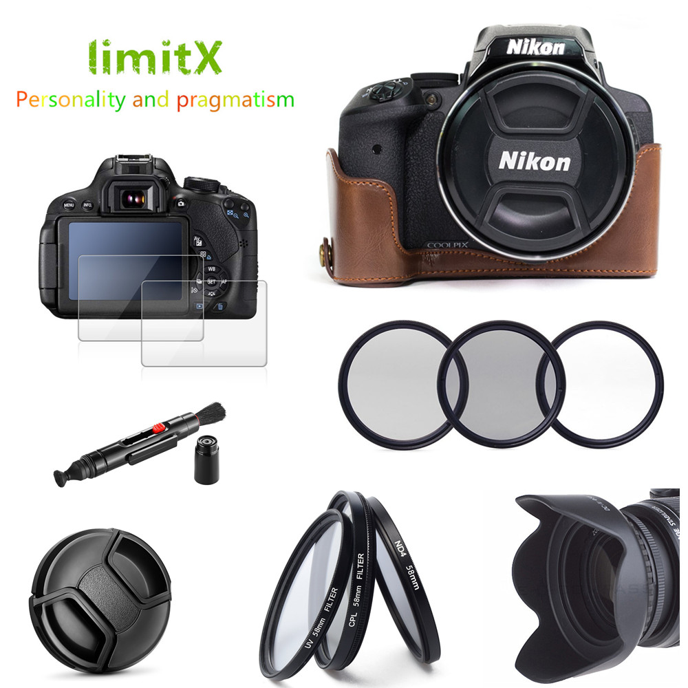 Etui en cuir 9 en 1 + filtre + pare-soleil + stylo de nettoyage + protecteur de verre pour appareil photo numérique Nikon CoolPix P900 P900s