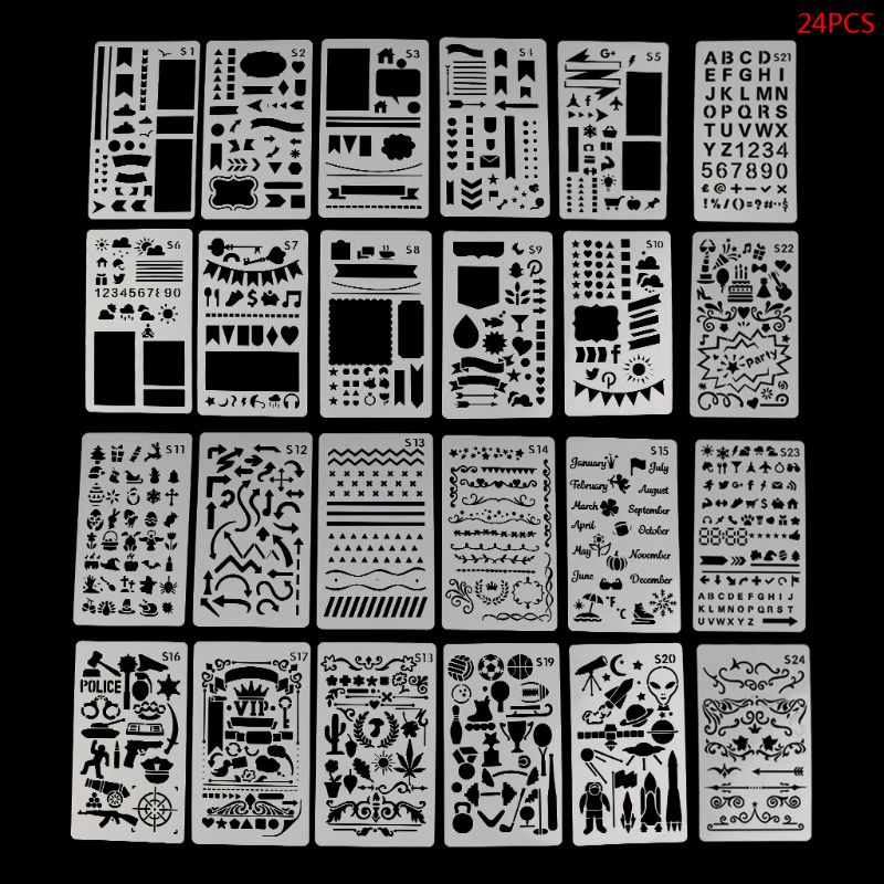 24Pcs Hollow Tekening Sjabloon Journal Stencil Set A6 Plastic Planner Diy Dagboek Decor Craft Briefpapier School Kantoorbenodigdheden: Default Title