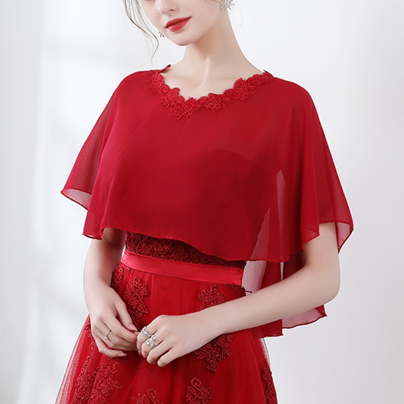 Cape en mousseline de soie pour femmes, châle doux et léger pour mariée, col rond, longue tenue de soirée: Burgundy