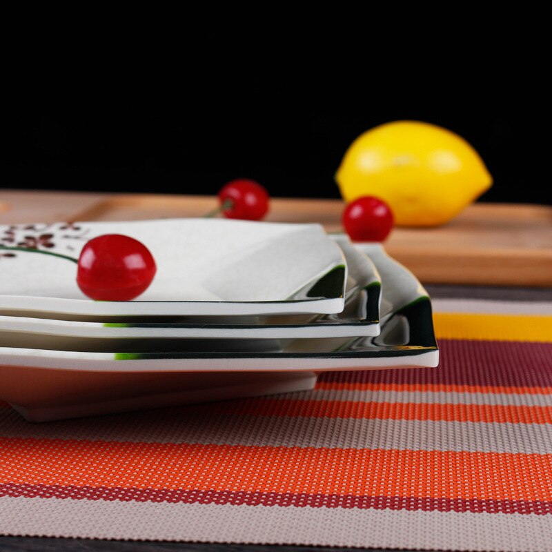 Högkvalitativ kvadratisk plastik maträtt lunch mat godis tallrik bricka porslin lotusblad mönster tårta frukt snack tallrik kinesisk stil