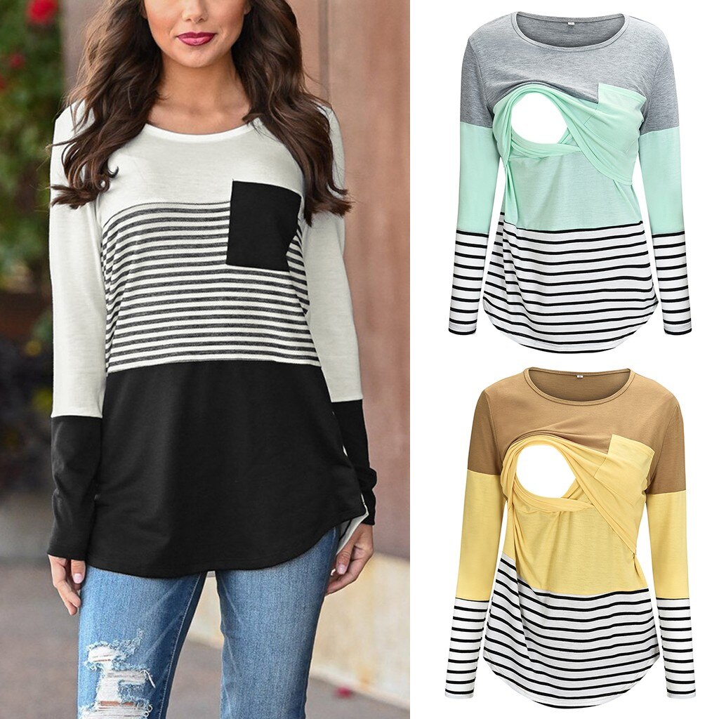 Women Maternity Shirts Long Sleeve Striped Nursing Tops Shirt For Breastfeeding Feeding Blouse Schwangerschafts kleidung @5