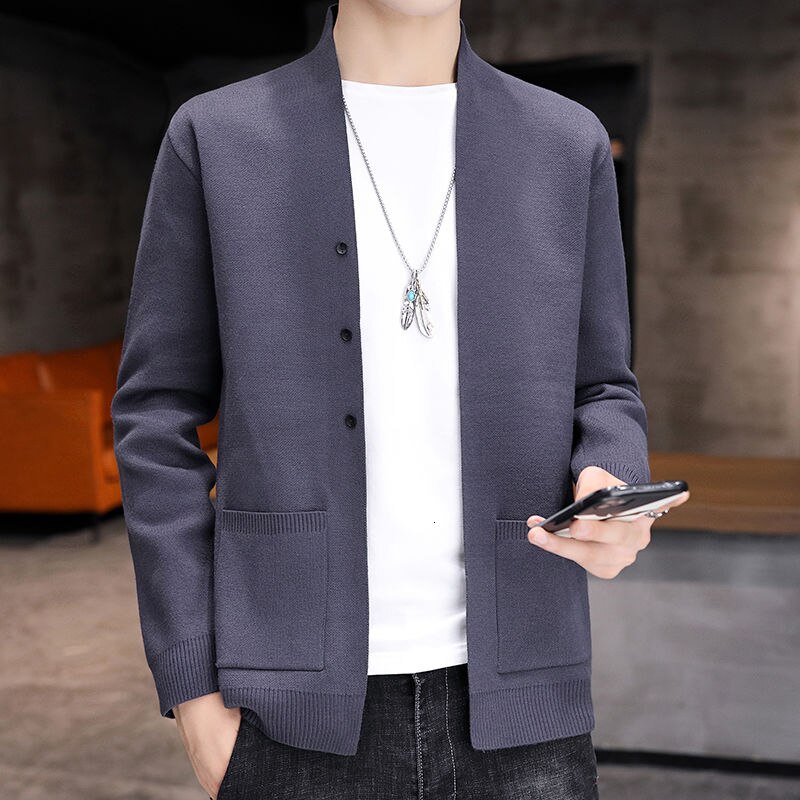 Smart stativ krave strikket cardigan herre langærmet lille knaplomme cardigan top herre efterår vinter sweater blød cardigan herre