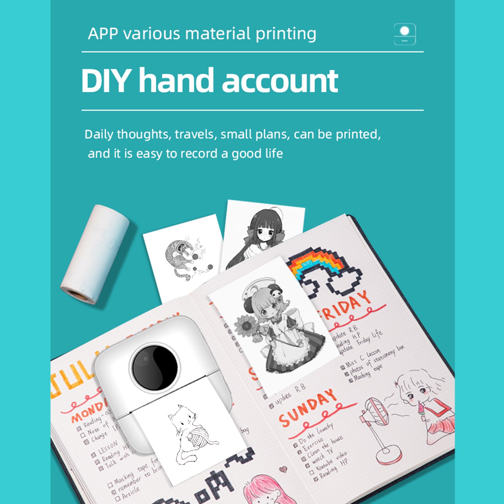 X5 Thermal Photo Printer Pocket Label Maker 200dpi Wireless Receipt Printer for Work Plan Memo Study Note List Journal Printing