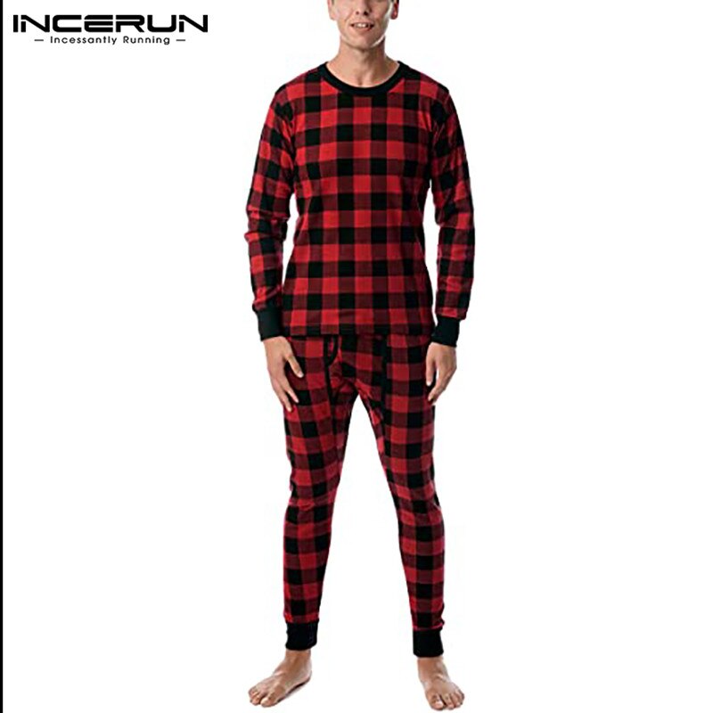 Men Plaid Pajamas Sets Homewear Long Sleeve O Neck Sleepwear Leisure Sleep Pants 2 Pieces Comfortable Men Nightwear Sets INCERUN