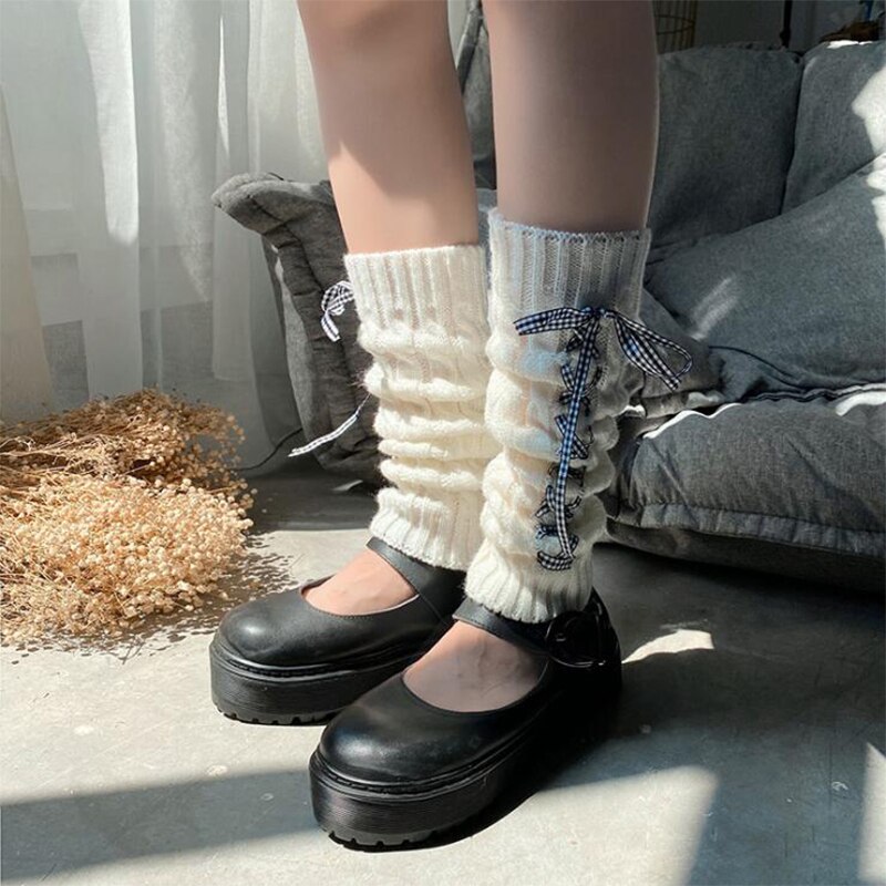 Scaldamuscoli autunnali da donna, calzini alti lavorati a maglia elasticizzati senza piede con fasciatura tinta unita per ragazze, bianco/nero