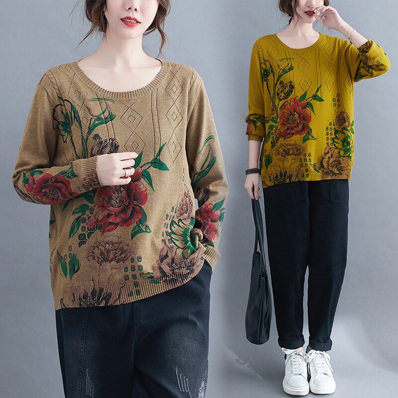 Suéteres de punto para mujer, ropa de manga larga con cuello redondo, estampado de Nuevas flores a la , talla grande, primavera y otoño