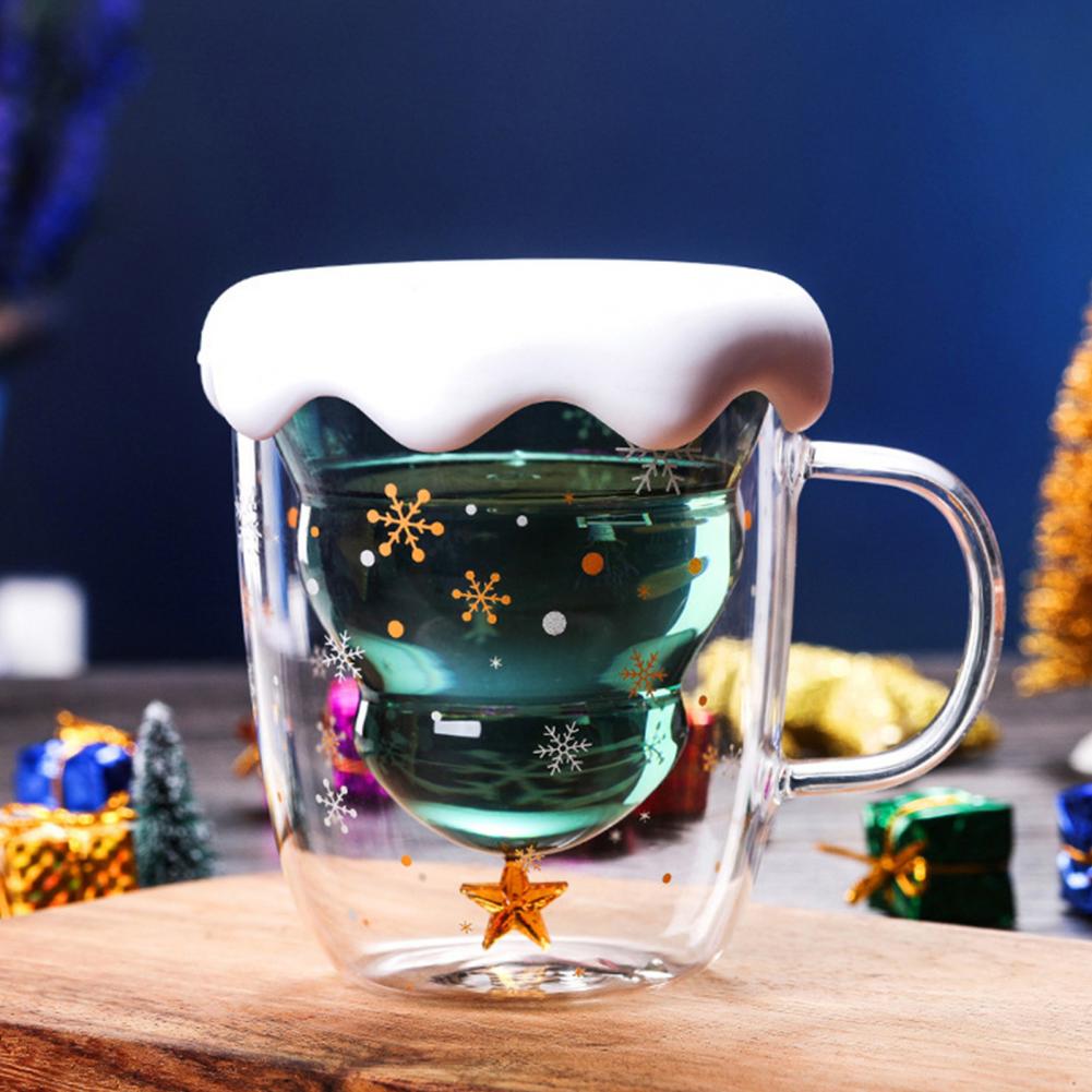 Taza de vidrio de doble capa con mango para té, vaso de vidrio de borosilicato de alta resistencia al calor con forma de árbol de Navidad, herramientas de cocina, 250ML