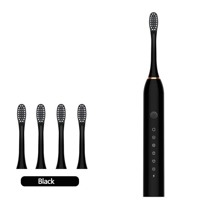 USB Rechargeable Electric Toothbrush 5 Modes Timing Ultrasonic Teeth Brush Replaceable Heads Waterproof IPX7 White Black: Black
