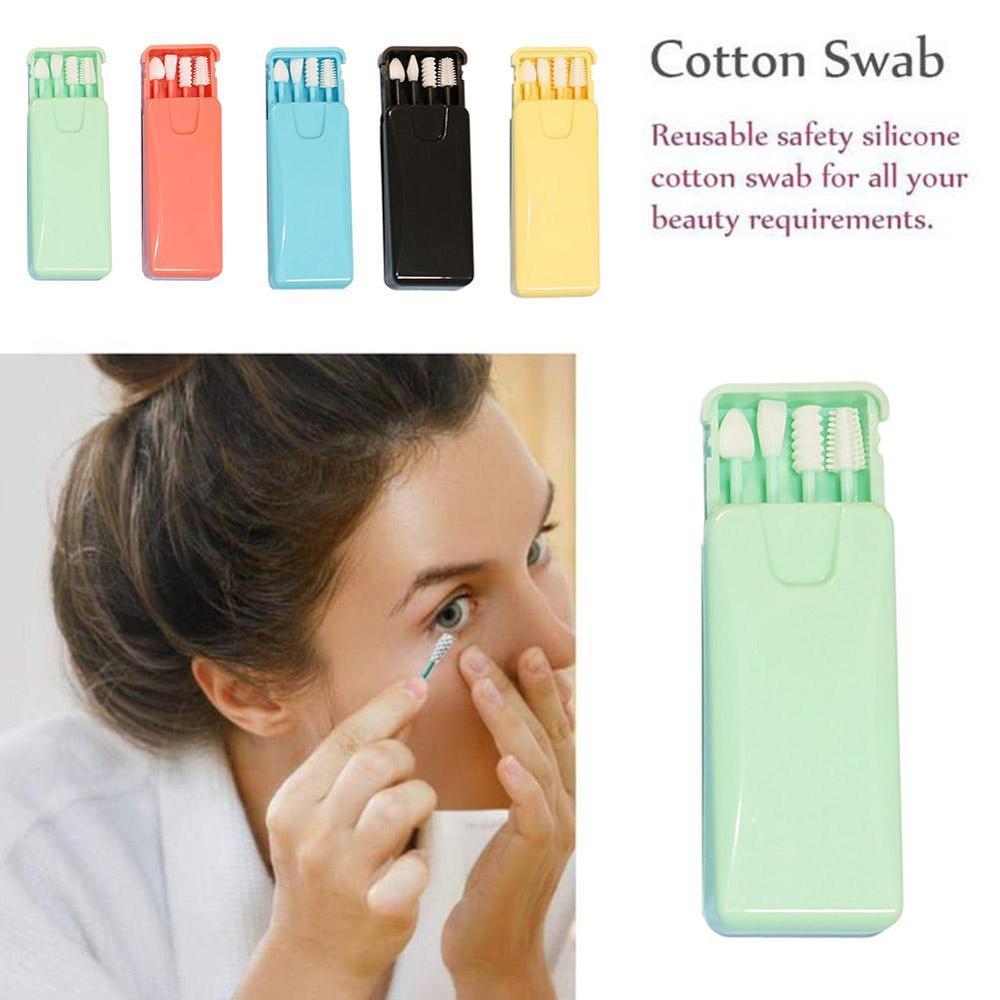 2/4Pcs/box Reusable Cotton Swab Ear Cleaning Cosmetic Silicone Buds Swabs Sticks Double-headed Recycling For Cleaning Makeup