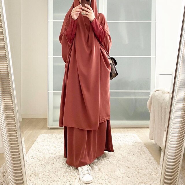 Ramadan Eid Frauen Gebet Bekleidungs Muslimischen einstellen 2 Stück Passenden Outfit Mit Kapuze Khimar Hijab Lange Felsen Abaya Islam Saudi Kleidung: Braun