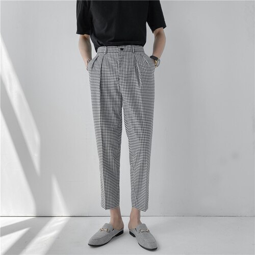 Pantalones de traje de pata de gallo para hombre, pantalón corto informal de estilo británico, cintura elástica, a la , para Social, Classique: Negro / 34