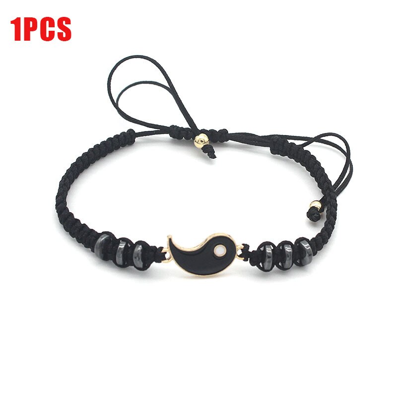 Set di collane per bracciali coppia Tai Chi cinese Fengshui porta fortuna cordoncino di cuoio bracciale intrecciato ciondolo in lega regalo braccialetto intrecciato: Black Gold Color