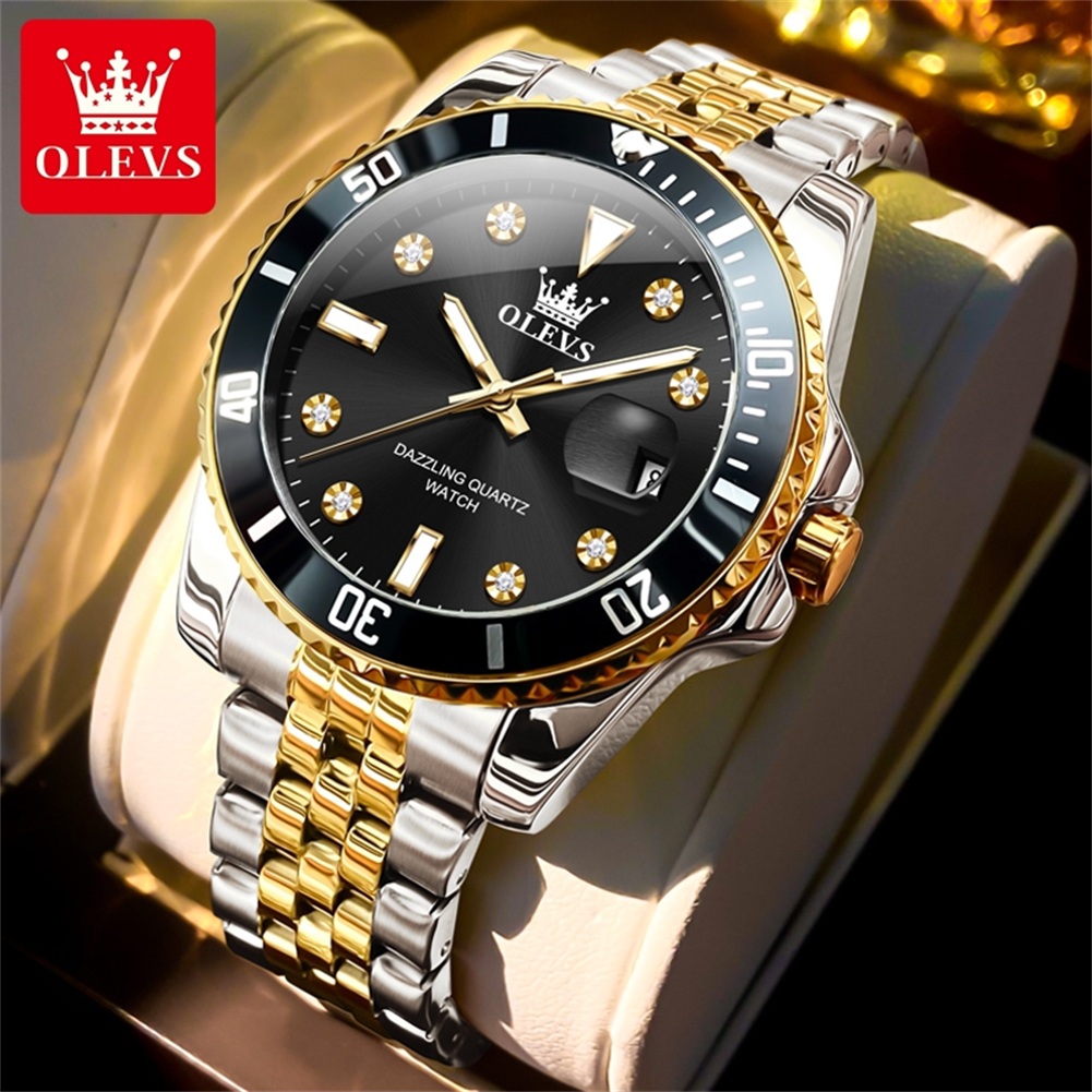 Olevs Originele Luxe Mannen Horloge Kalender Groen Waterdicht Quartz Horloge Voor Mannen Rvs Band Lichtgevende Diamant Schaal: Coffee