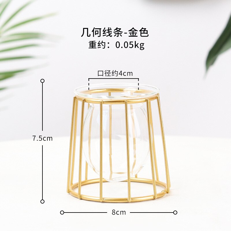 Terrario florero de vidrio dorado nórdico, florero de línea de hierro geométrico hidropónico para plantas, soporte de Metal para plantas, decoración moderna para el hogar: style-3 Gold