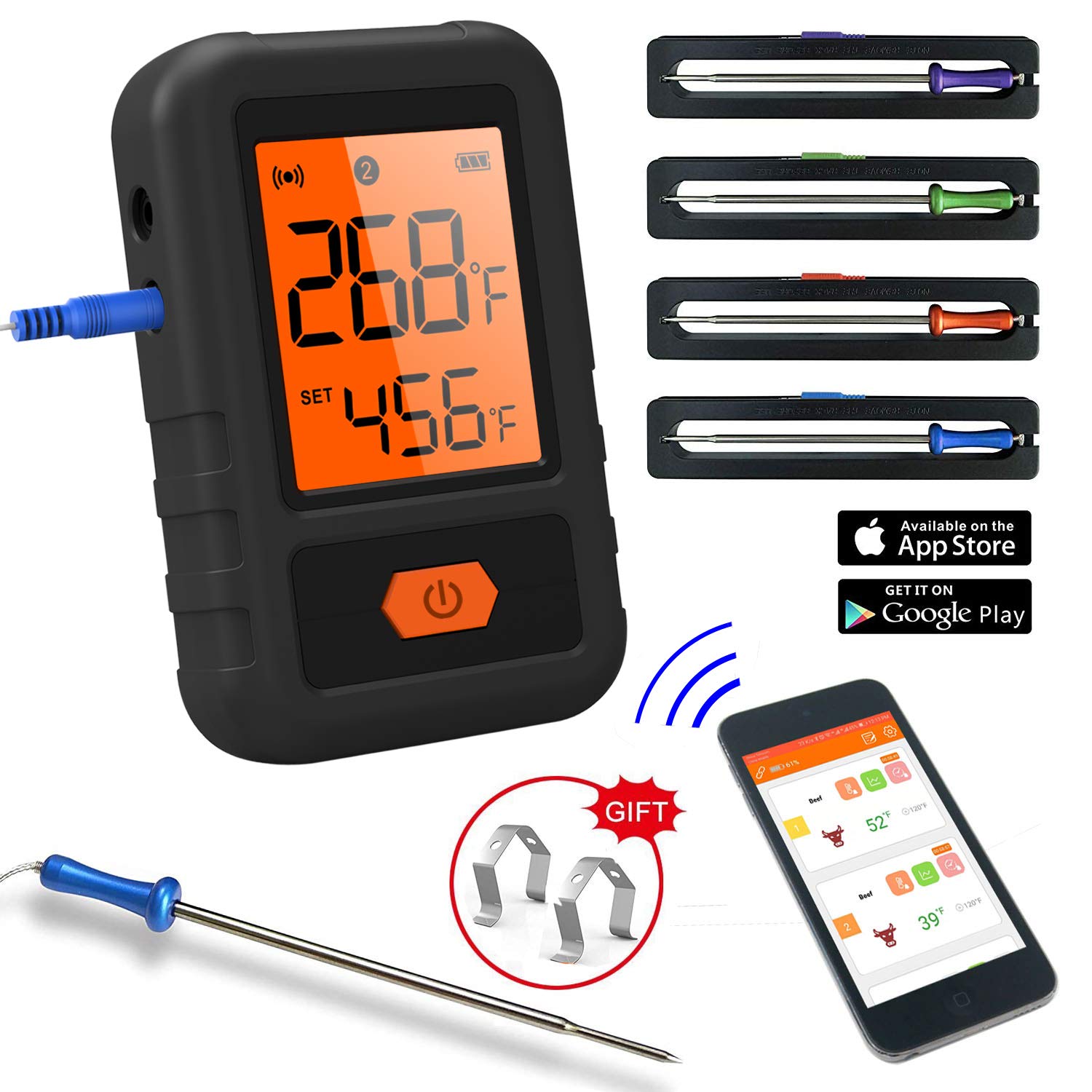 Meat Thermometer Wireless Bluetooth Oven Kitchen BBQ Grill Barbecue Food Cooking Smoker Thermometer Remote 6 Probes: blackfang4Probes