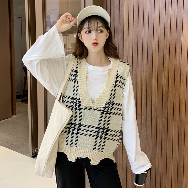Rutig stickad tröja väst kvinnor retro enkel matchande koreansk lös casual snygg v-ringad kvinnlig oregelbunden street-wear harajuku: Aprikos / L