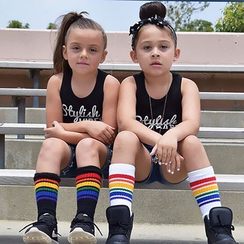 Kids Boys Girls Rainbow Striped Sock Children Soft Knee High Socks Cotton Student Football Sports Socks