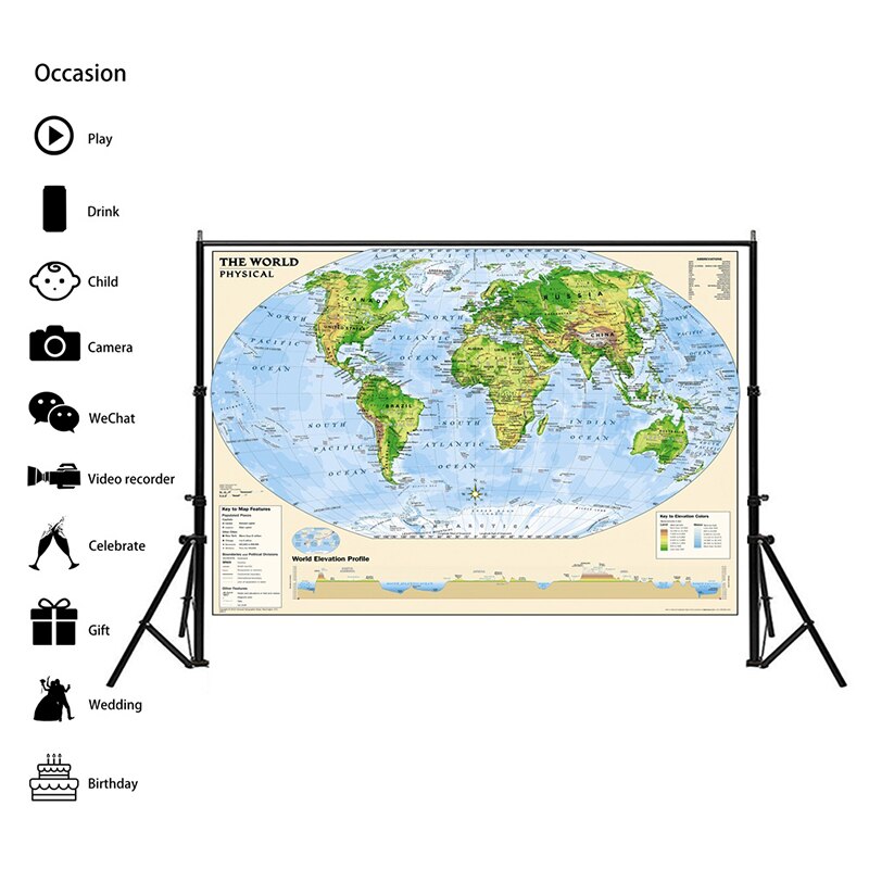 24x36 inches The World Physical Map With Key to the Map Features Spray Painting Home Wall Maps For Home Decoration