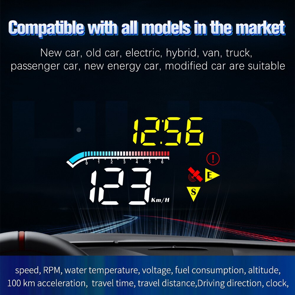 Car HUD Head Up Display Universal OBD2 Head-Up Speed Projector Safe Driving System Security Alarm Water temp Overspeed RPM