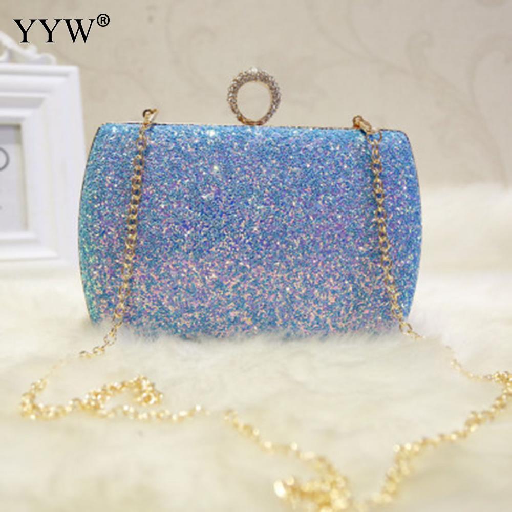 Vrouwen Wit Pailletten Keten Handtas Sparkling Party Vinger Ring Avond Envelop Clutch Bag Hard Wallet Tote Purse: blue