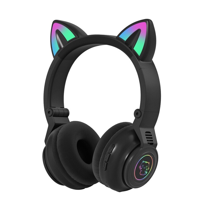 Head Wireless Headset Cat Ear Bluetooth 5.0 Headphones RGB 3.5mm Audio Jack Foldable Earphone For Cell Phone Tablet PC Laptop: 01 black