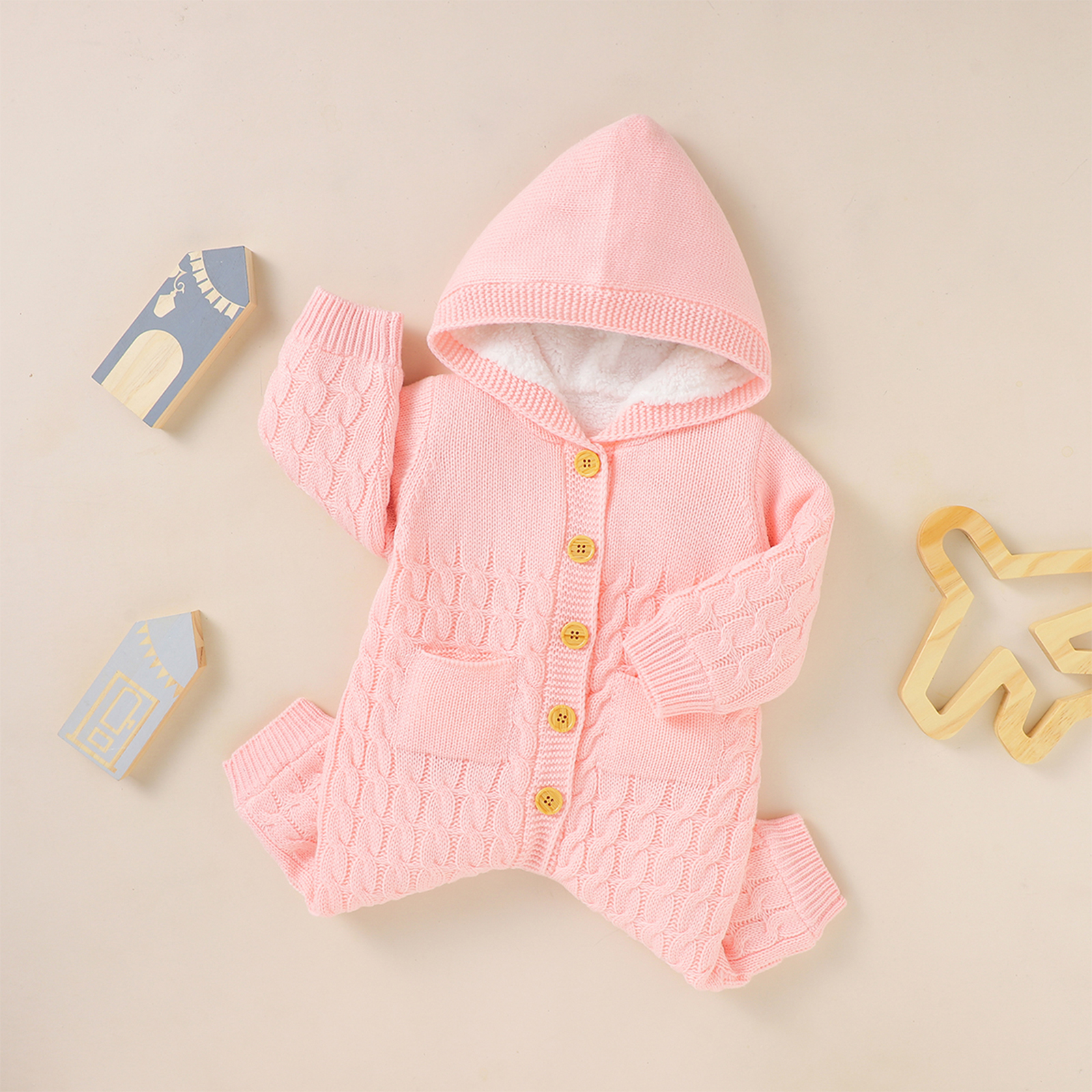 Baby Baby Meisjes Jongens Winter Warm Hooded Jumpsuit Effen Kleur Lange Mouwen Button Down Cable Knit Effen Romper
