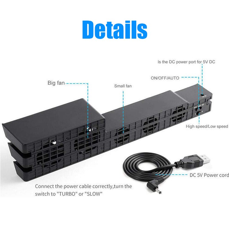 USB External Cooling Fan 5 Fan Turbo Temperature Control Cooler For Sony PlayStation 4 PS4 Pro Slim Gaming Console Holder