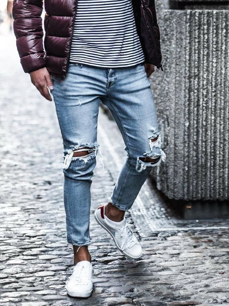 Men Skinny Ripped Jeans Hole Pencil cowboy Pants Hip Hop Streetwear Biker Denim Trousers: XXXL
