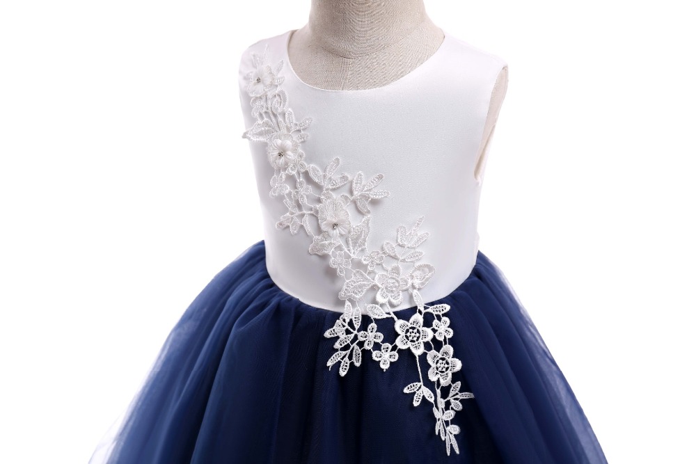 Vestidos de niña de flores de la Marina Alta-baja hasta la rodilla apliques flor niños vestidos de desfile para niñas vestidos de comunión