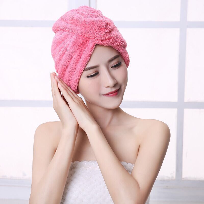Toalla de baño de terciopelo Coral para cabello seco turbante de secado rápido de microfibra superabsorbente para mujer gorro de pelo envuelto con botón grueso: Rose Red