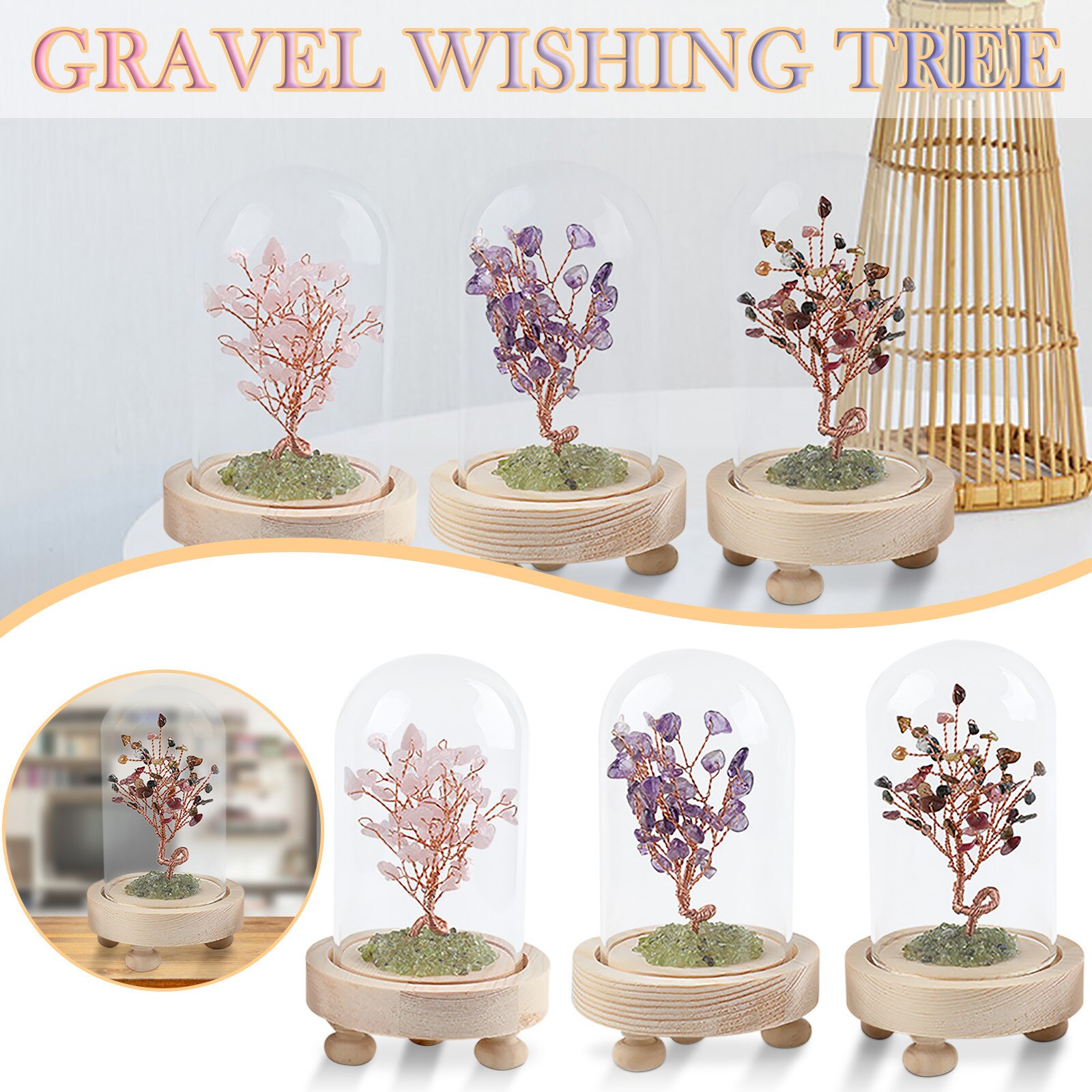 Natuurlijke Kristal Aquamarin Stone Tree Met Glas Cover Creatieve Ornamenten Decor Craft Diy Ornament Voor Gelukkige Pasen Decor