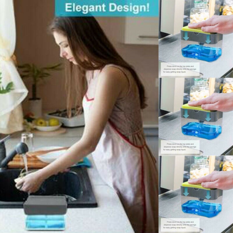 2-In-1 Handpers Zeepdispenser Zeepdispenser Pomp Spons Keuken Badkamer Met Spons