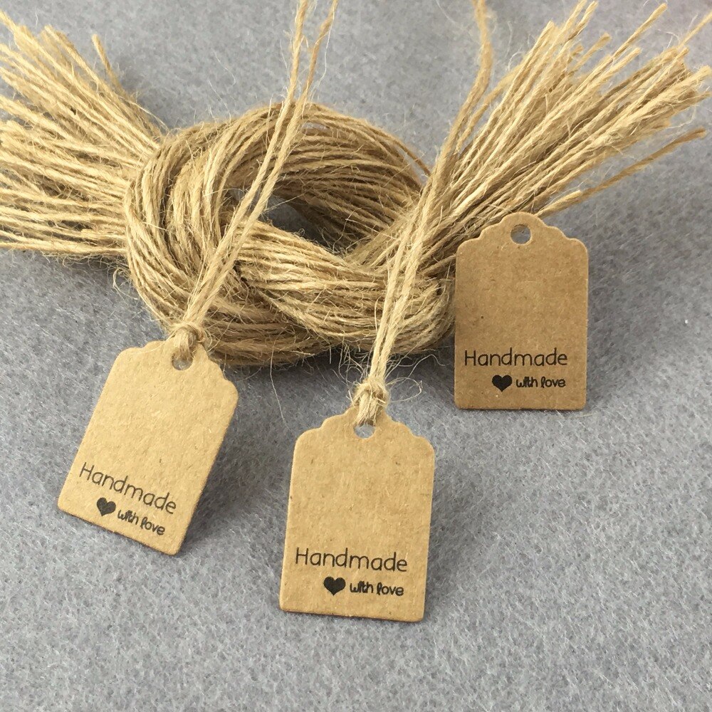 500 stks 3x2 cm Geschulpte &#39;handmade met love&#39; tag/Gunst Tag/DIY Tag/ prijs Label Met 500 stks string