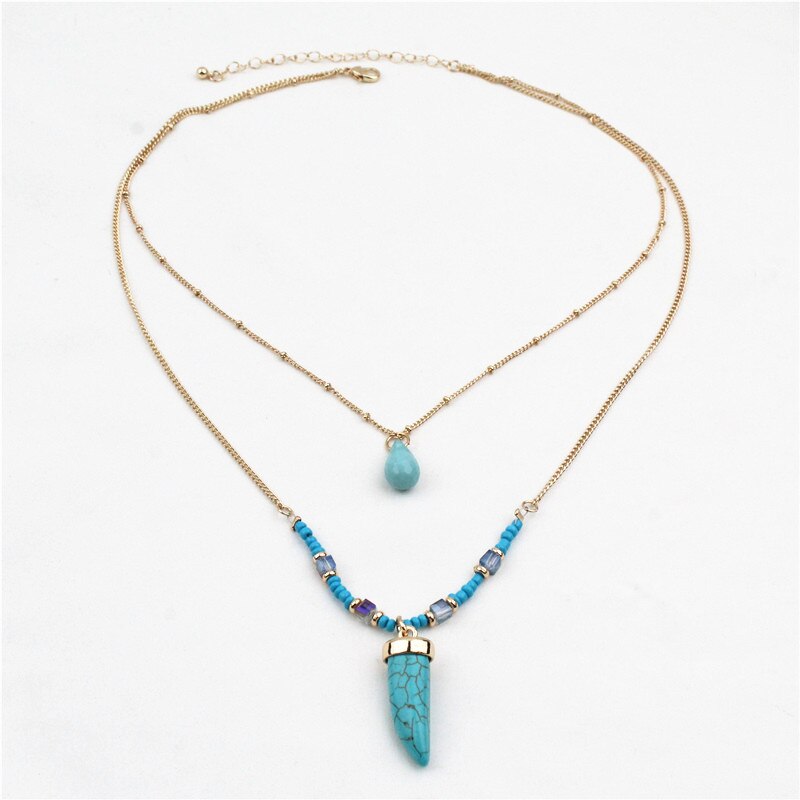 XIALUOKE Bohemia Acrylic Stone Pendant Double Necklace For Women Retro Blue Glass Tassel Sweater Chain Jewelry