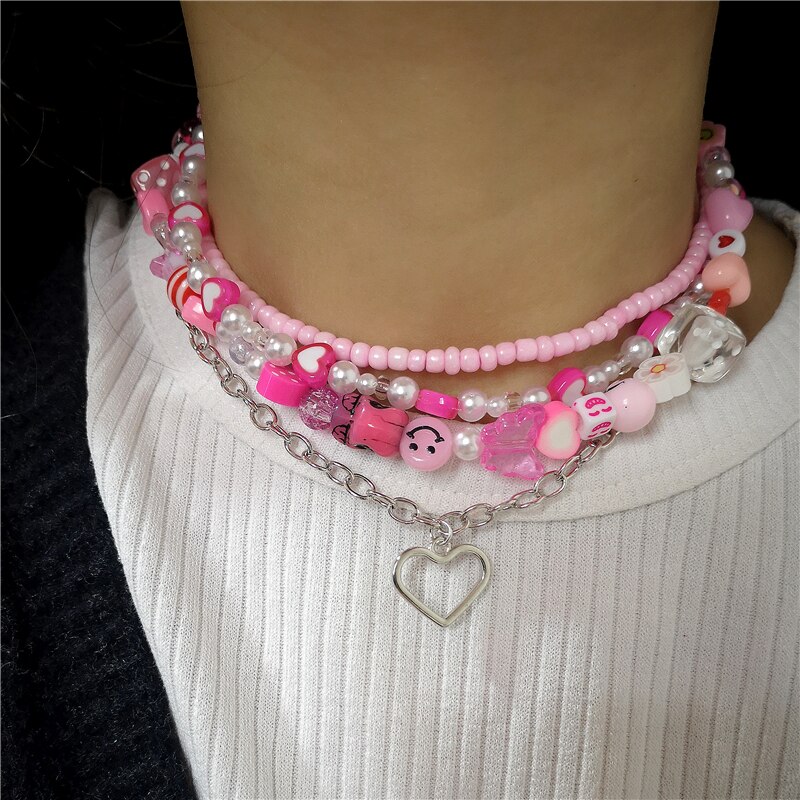 2022 new goth candy color pink pearl peach heart beaded necklace for female harajuku cute egirl party  y2k jewelry accessories