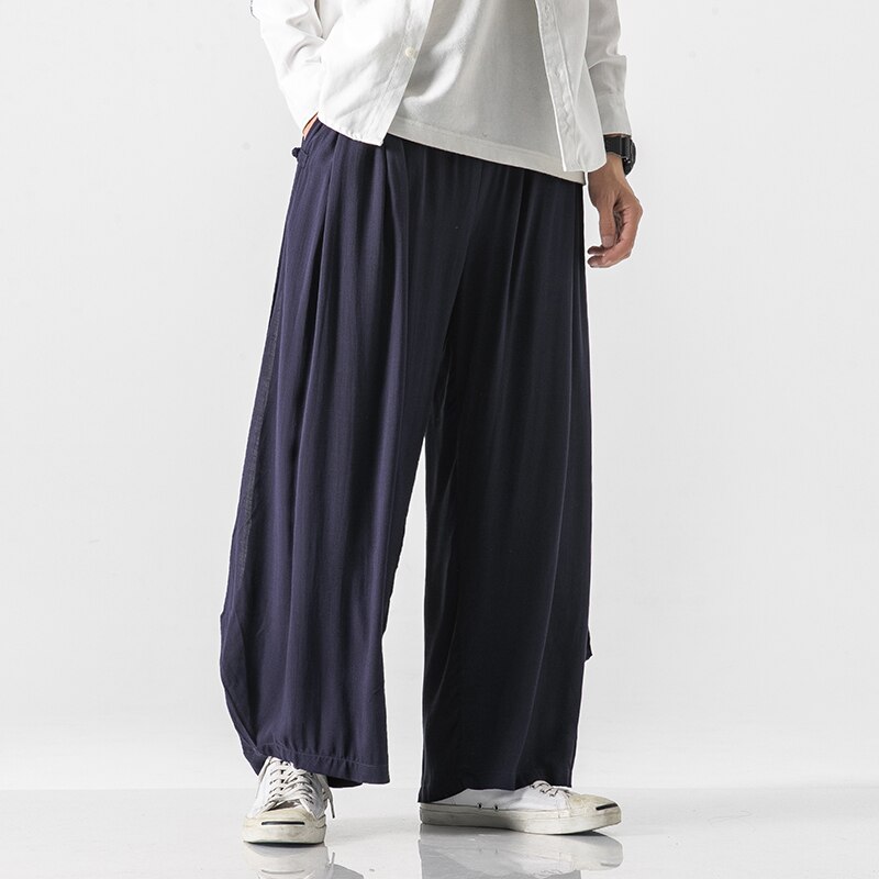 Mænd bukser i linned med brede ben mand harajuku streetwear haremsbukser mandlig kinesisk stil hanfu kongfu sorte bomuldsbukser nederdel