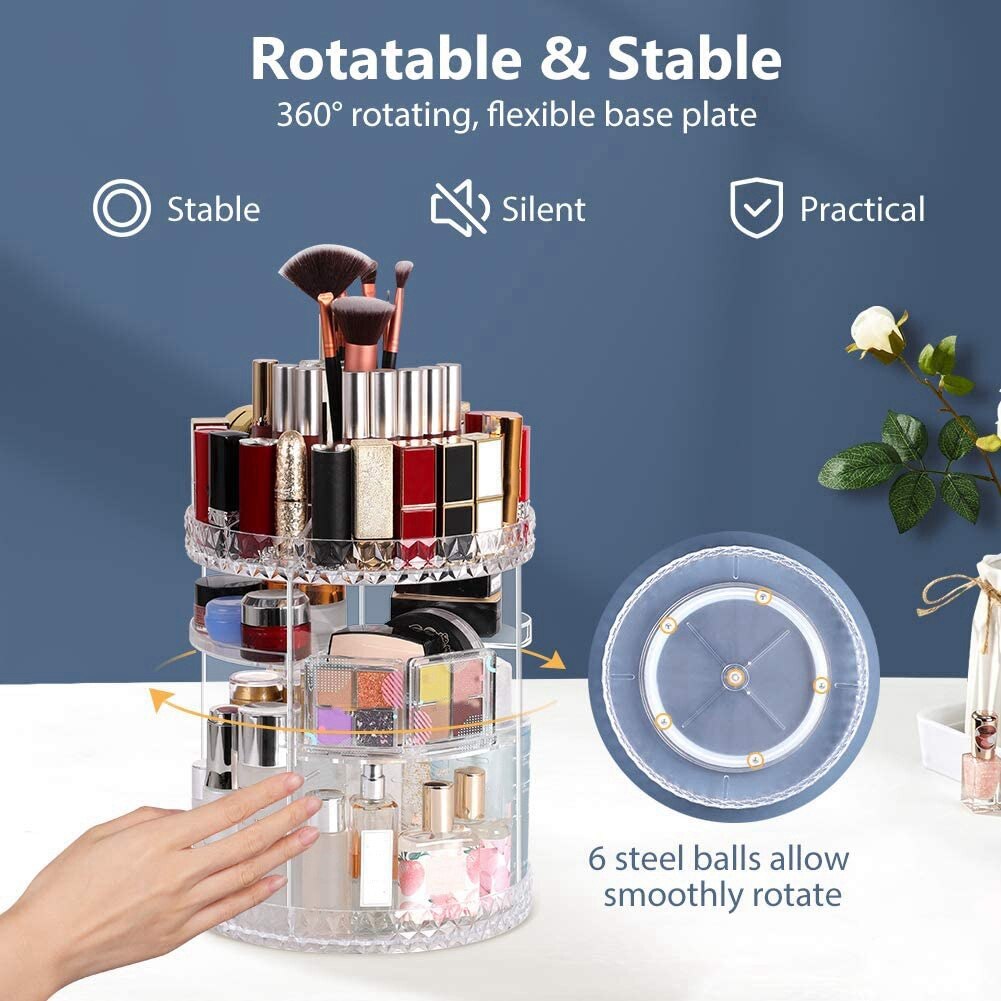 Makeup organizer 360 roterande, gör-det-själv justerbar badrumssminkkarusell spinnhållare, förvaringslåda med stor kapacitet