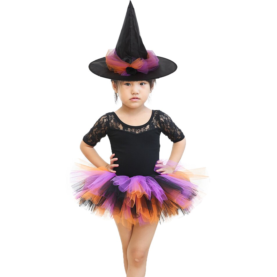 Barn heks cosplay tutu skjørt med heks lue lilla oransje svart fluffy mini tyll skjørt for baby jenter bursdag karneval fest