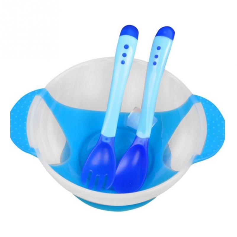 Cuenco de alimentación para bebé, juego de tazón con ventosa, cuchara con detección de temperatura, vajilla para bebé, platos de aprendizaje, tazón de comida para niños: 3 PC Blue