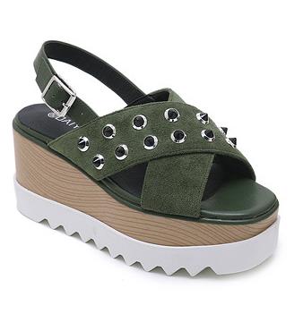 Open Teen Hoge Hak Wig Schoenen Dikke Bodem Muffin Sandalen Vrouwelijke Zomer Gesp Suède Klinknagel Sandalen Vrouwen Zomer Schoenen: green / 5