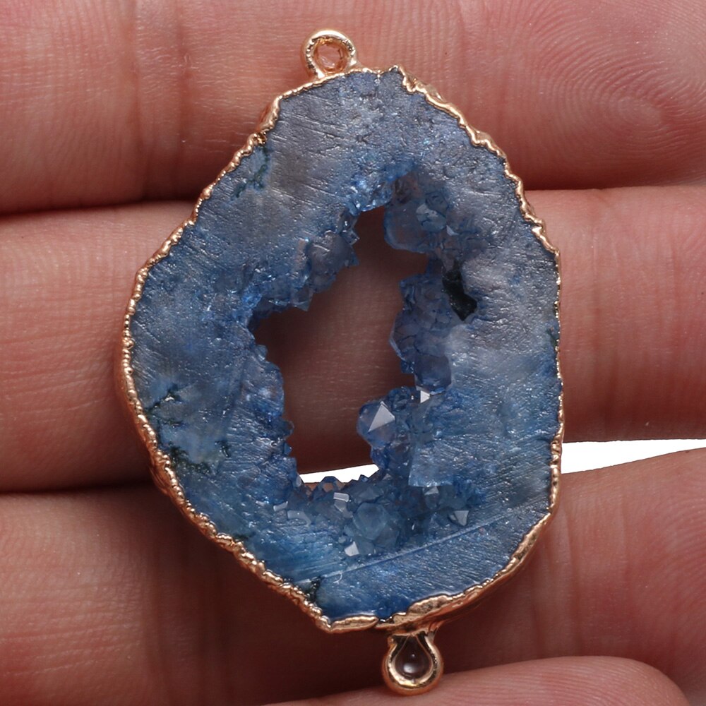 Conectores de colgante de ágatas Druzy Natural, conectores de doble agujero chapados en oro Irregular para fabricación de joyas DIY