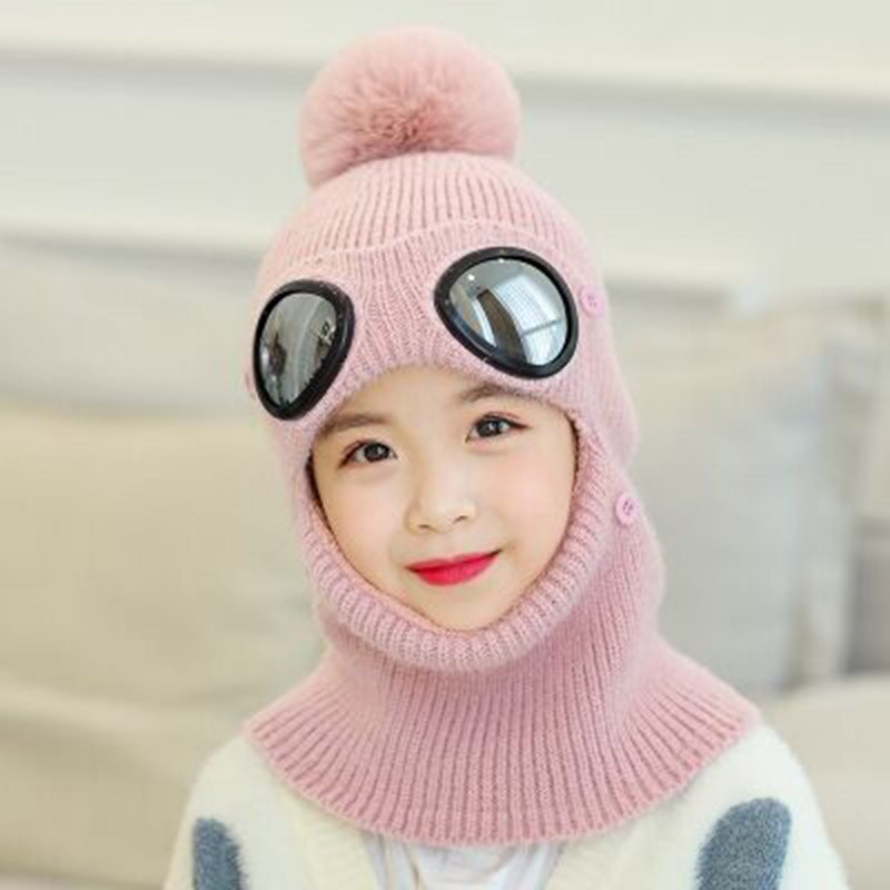 Vinterstrikket lue til jenter varme beanies skullies skihue med avtagbare briller for utendørs sportshatt for barn