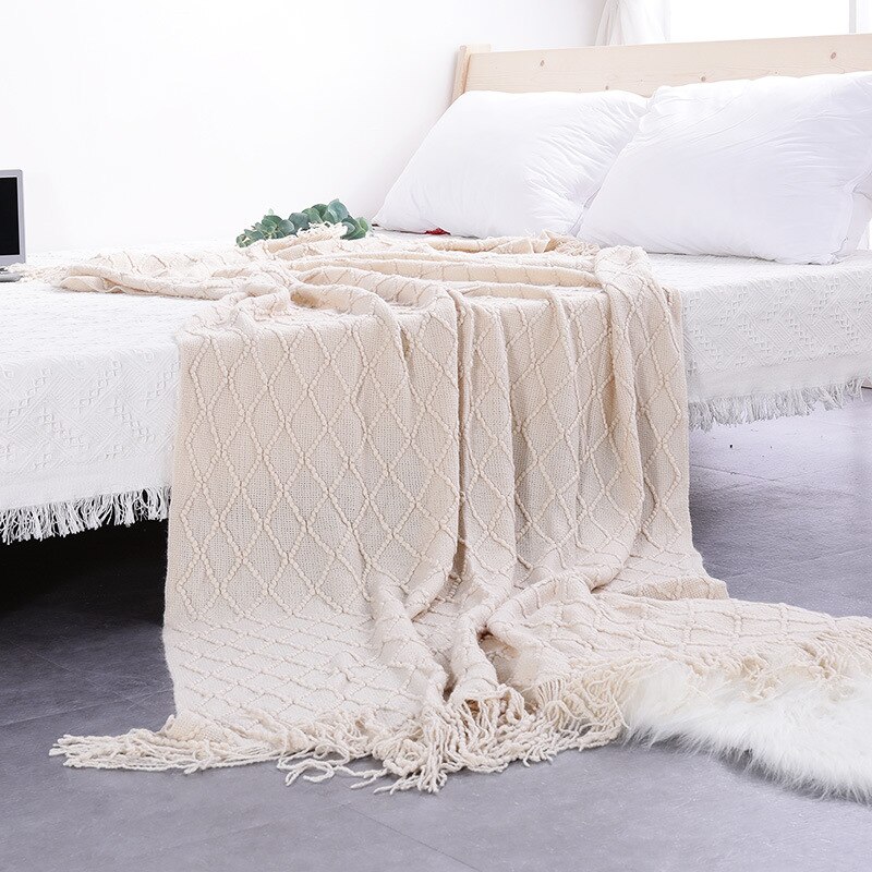 Nordisk filt supermjuk bomullssoffa handduksfilt för soffa soffa dekorativa överdrag sömmar reseplansfilt: Beige vit / 127 x 240cm
