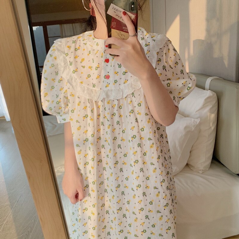 Zoete Leuke Over-De-Knie Vrouwen Nachtjapon Korte Mouwen Katoen Homewear Bloemen Gedrukt Nachthemd Slapen Jurk