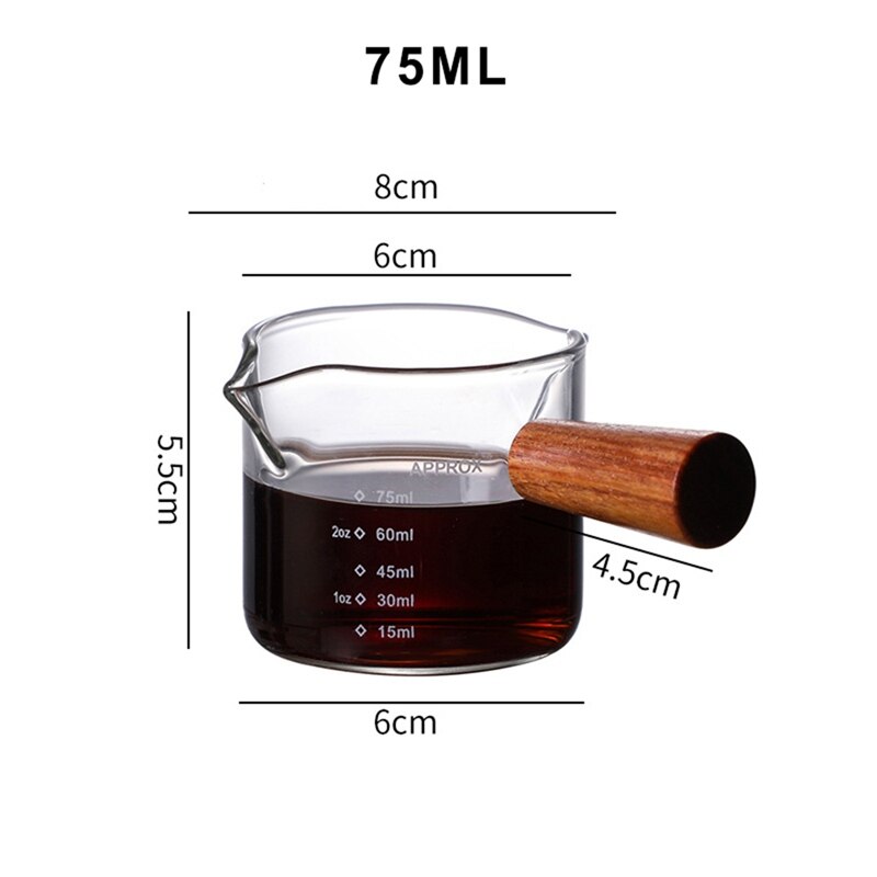 70/75ml hitzebeständigen Glas Espresso Messbecher Doppel Mund Glas Milch Krug Mit Holz Griff Glas skala Maßnahme Tassen: Single Skala