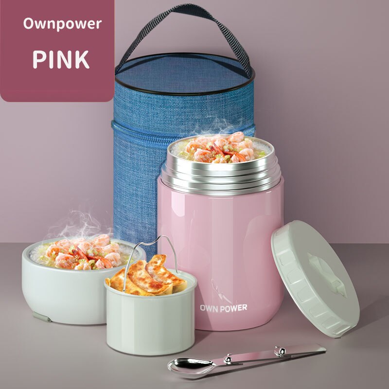 OWNPOWER termos na żywność, 1000ml/1200ml 316 pojemnik ze stali nierdzewnej biznes przenośny piknik, izolowane pudełko na obiad, makaron producent: różowy z torba / 1000 ml