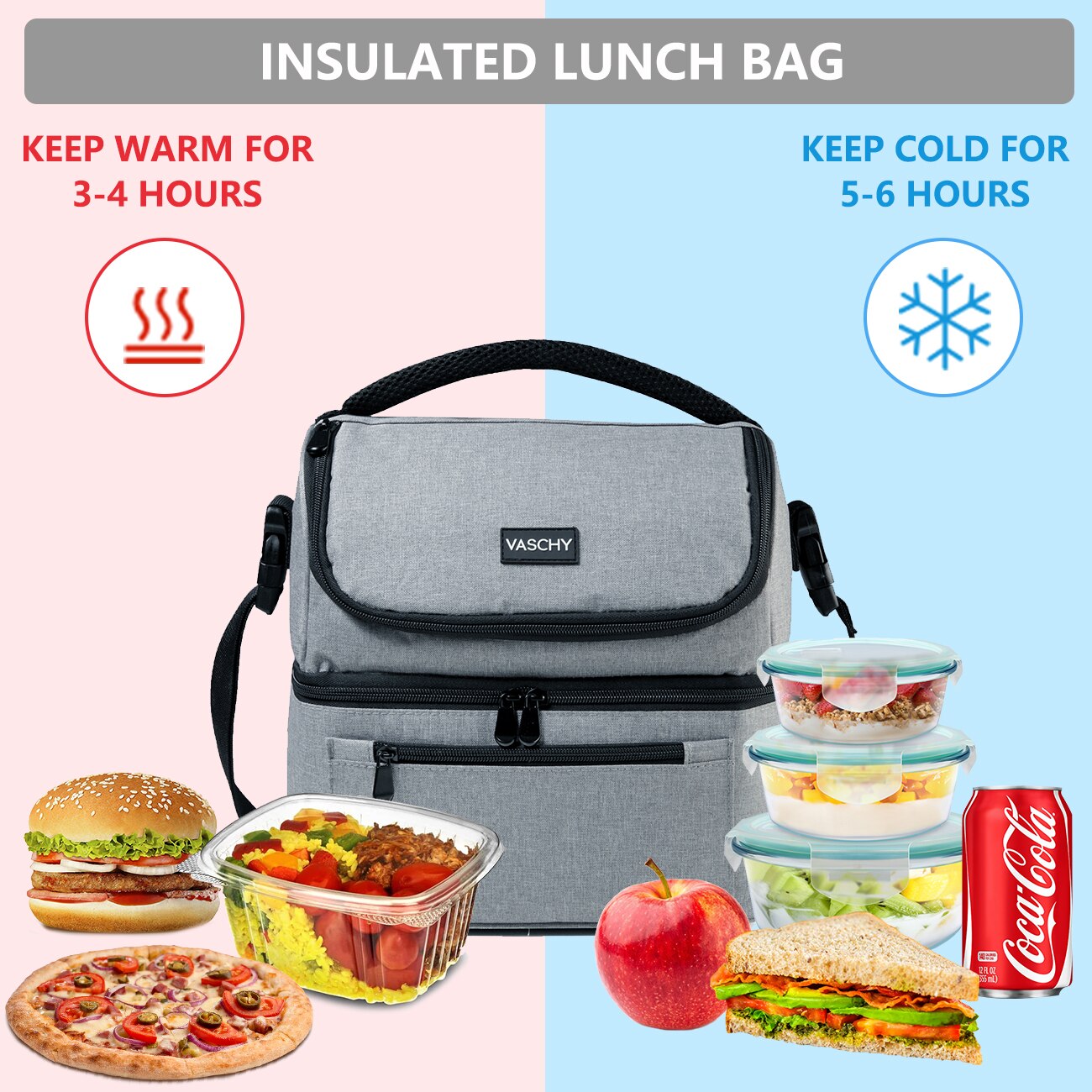 VASCHY-fiambrera aislante para hombre y mujer, bolsa enfriadora a prueba de fugas, con doble compartimento, para el almuerzo, con 14 latas, color gris