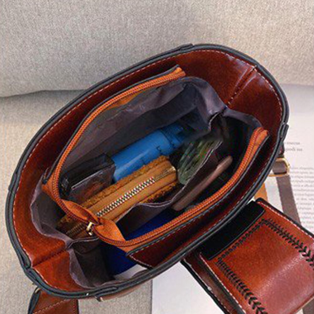 Kvinnelig skinn dameveske dame skulder håndvesker ensfarget bøtte med stor kapasitet casual kvinnelige crossbody vesker